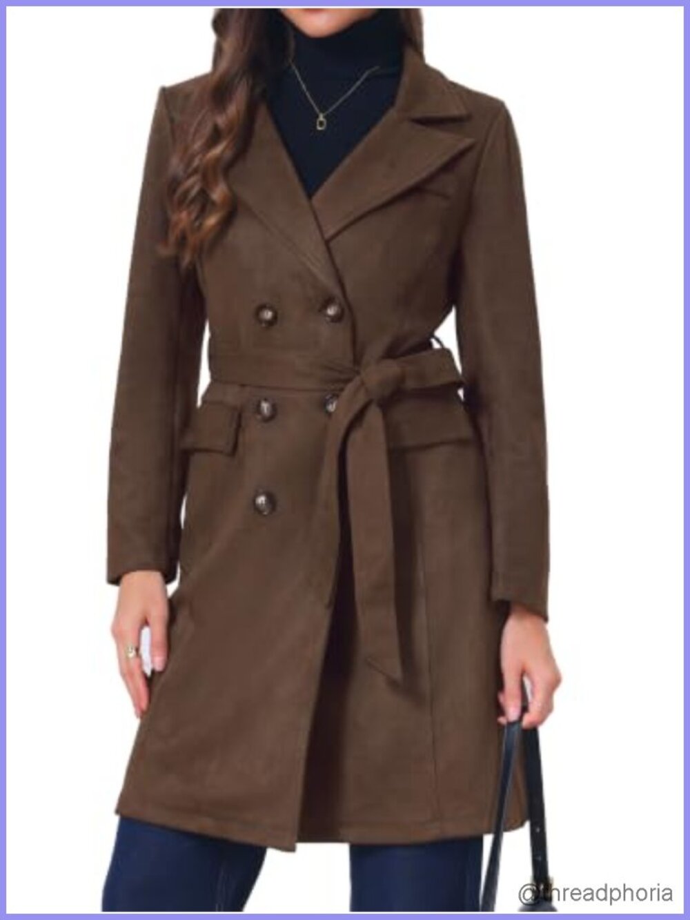 Faux Suede Trench Coat Notched Lapel Double-Breasted Belted Mid-Long
